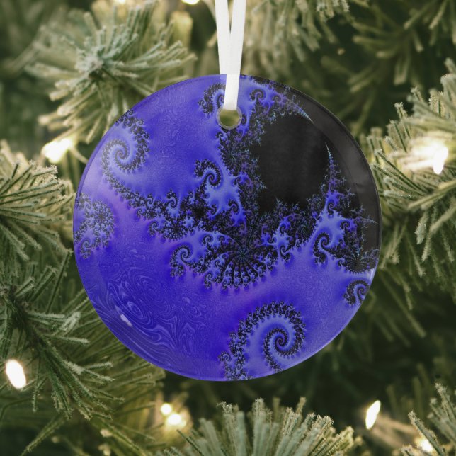 Deep Royal Blue on Black Fine Fractal Art Glass Tree Decoration (Insitu)