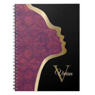 Deep Ruby Black And Gold Face Monogram Name Notebook