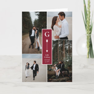 Deep Ruby Red Elegant Arrow Wedding Photo Collage Thank You Card