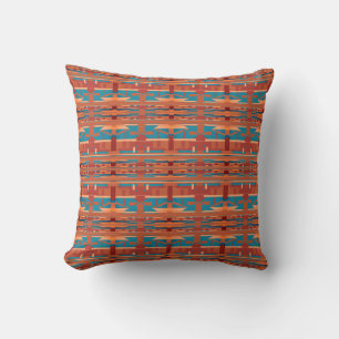 Deep Rust Coral Turquoise Orange Small Tile Motif Cushion