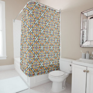 Deep Saffron Red Floral Sicilian Majolica Tile Shower Curtain