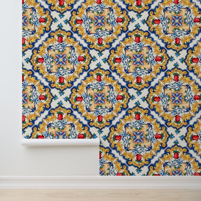 Deep Saffron Red Floral Sicilian Majolica Tile Wallpaper (Application)