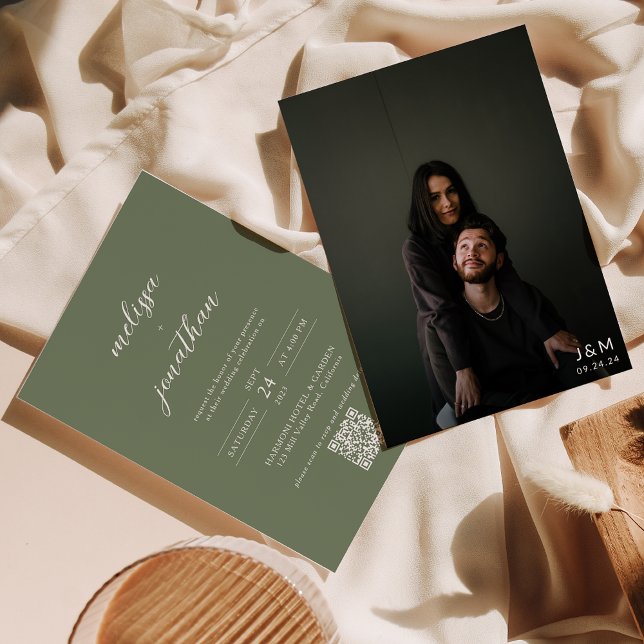 Deep Sage Green Photo Monogram QR Code Wedding Invitation (Creator Uploaded)