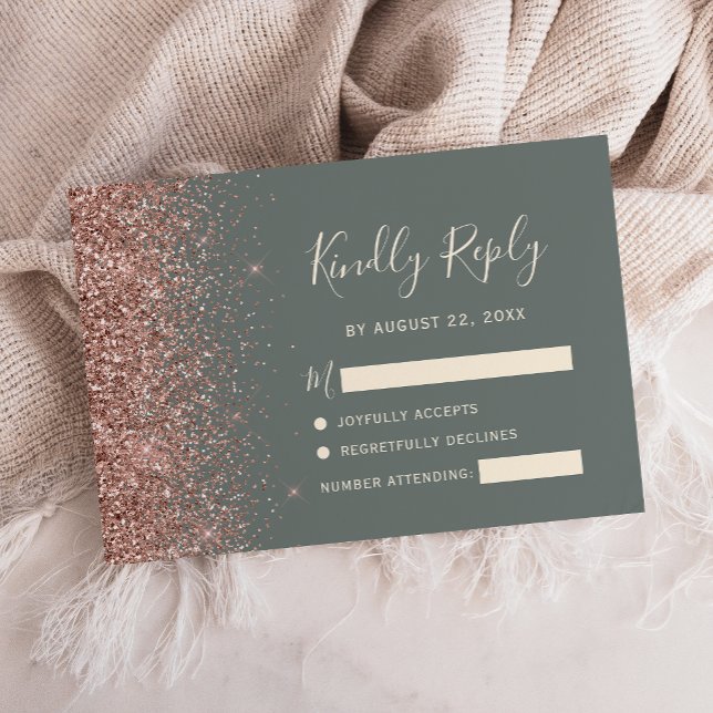 Deep Sage Green Rose Gold Glitter Edge RSVP Card (Creator Uploaded)