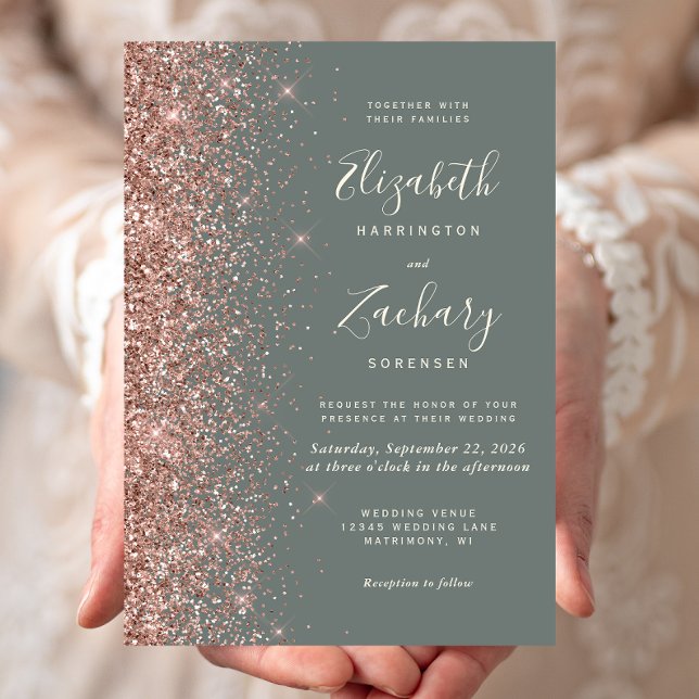 Deep Sage Green Rose Gold Glitter Wedding Invitation (Creator Uploaded)