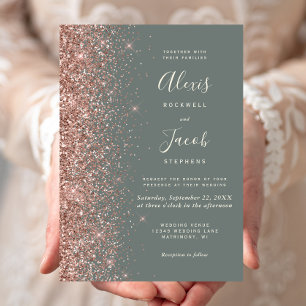 Deep Sage Green Rose Gold Glitter Wedding Invitation