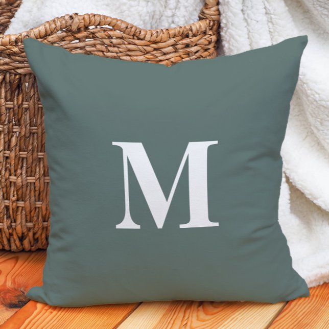 Deep Sage Green White Monogram  Cushion (Deep sage green white monogram decorator pillow)