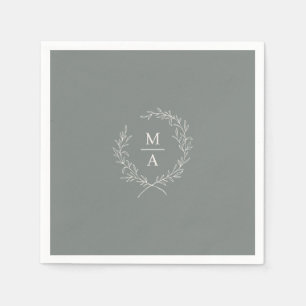 Deep Sage Simple Elegant Laurel Wreath Monogram Napkin