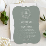 Deep Sage Simple Elegant Monogram Crest Wedding Invitation<br><div class="desc">A tasteful and classic choice in wedding invitations, this design conveys a simple elegance in its text layout and bracket shape style. A simple open laurel wreath of sketched leaves surrounds the monogram initial of the bride and groom adds the appearance of a monogram crest. The elegant yet simple text...</div>