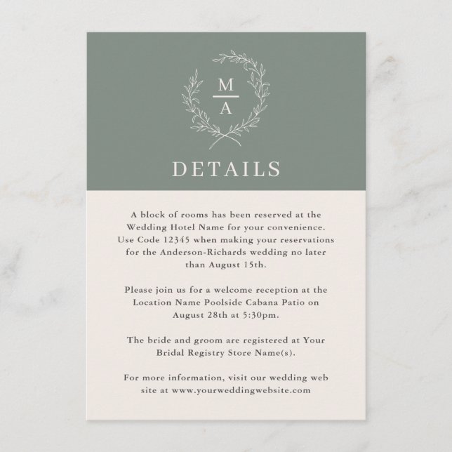 Deep Sage Simple Elegant Monogram Details Enclosure Card (Front)