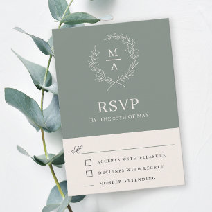 Deep Sage Simple Elegant Monogram RSVP Card