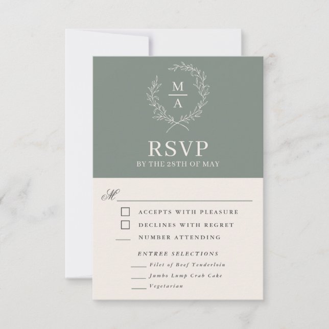 Deep Sage Simple Elegant Monogram RSVP with Meals (Front)
