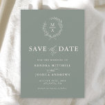 Deep Sage Simple Elegant Monogram Save the Date<br><div class="desc">A tasteful and classic choice in wedding Save the Date cards, this design conveys a simple elegance in its text layout and classic style. A simple open laurel wreath of sketched leaves surrounds the monogram initial of the bride and groom. The elegant yet simple text template has a sample text...</div>