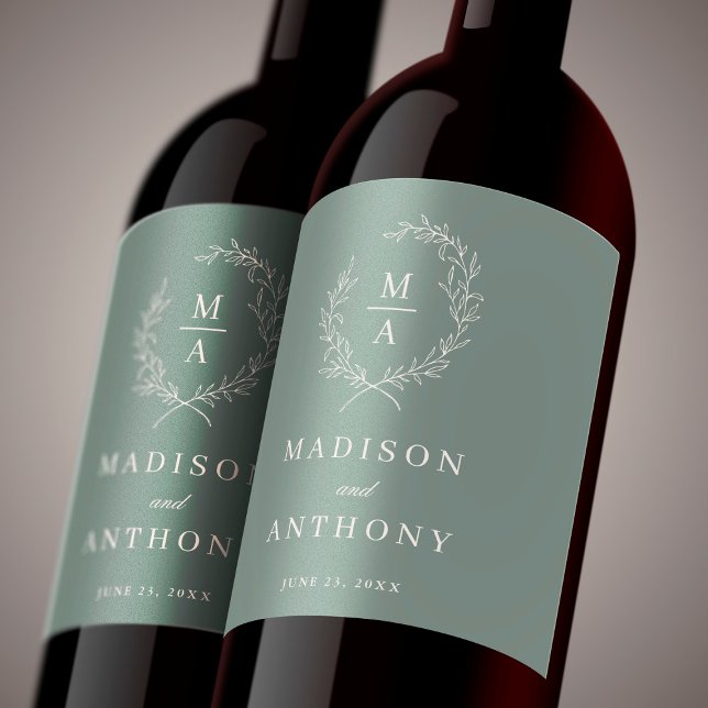 Deep Sage Simple Elegant Monogram Wedding Wine Label (Creator Uploaded)