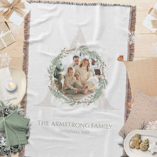 Deep Sage Wreath Monogram Photo Family Keepsake Throw Blanket