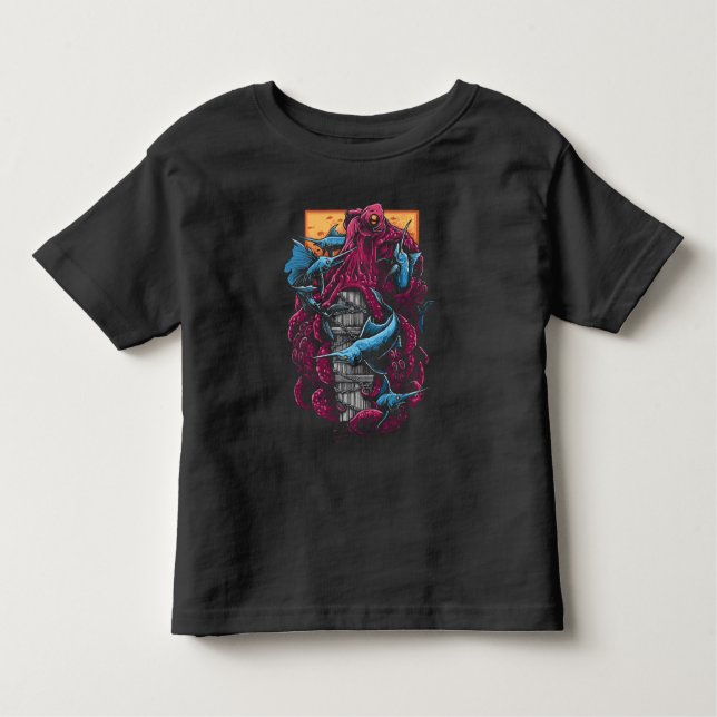 Deep Sea Battle: The Crimson Kraken vs. Blue Marli Toddler T-Shirt (Front)
