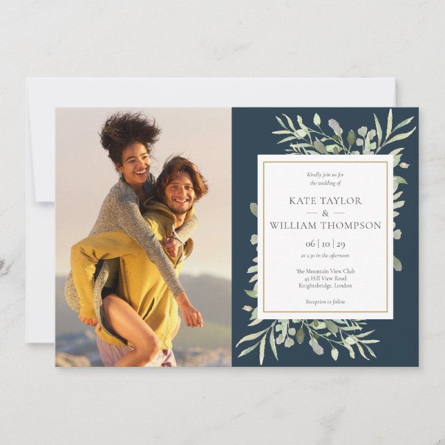 Deep Sea Blue Botanical Greenery Photos Wedding Invitation (Front)