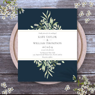 Deep Sea Blue Greenery Budget Wedding Invitation