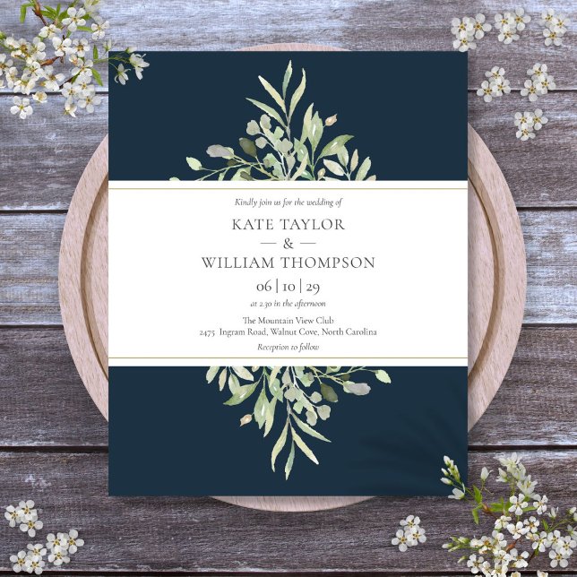 Deep Sea Blue Greenery Budget Wedding Invitation (Deep Sea Blue Greenery Budget Wedding Invitation)