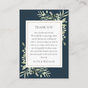Deep Sea Blue Greenery Floral Wedding Thank You Place Card