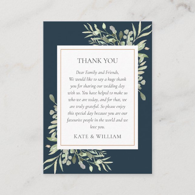 Deep Sea Blue Greenery Floral Wedding Thank You  Place Card (Front)
