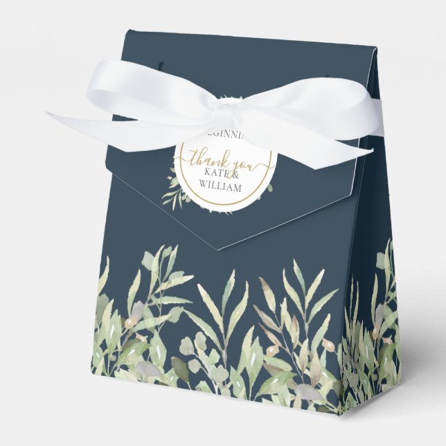 Deep Sea Blue Greenery Leaves Winter Wedding Favour Box (Front Side)