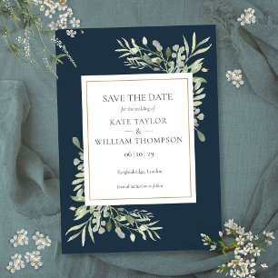 Deep Sea Blue Greenery Wedding Save the Date Invitation