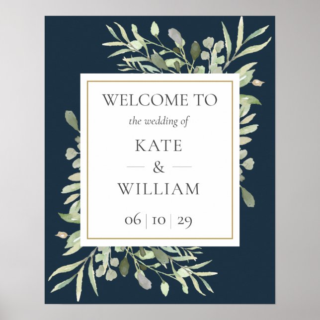 Deep Sea Blue Greenery Wedding Welcome Sign (Front)
