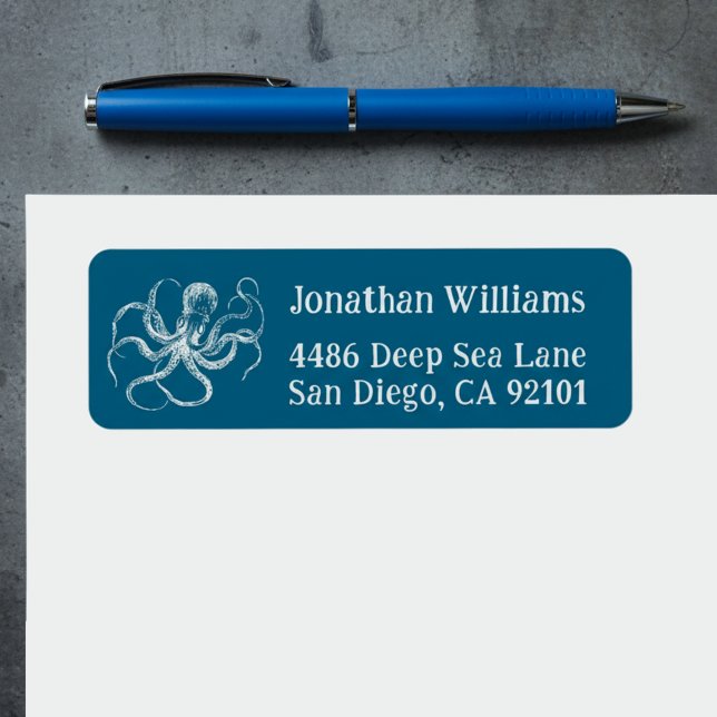 Deep Sea Blue Octopus Return Address Labels (Deep ocean blue octopus return address labels.)