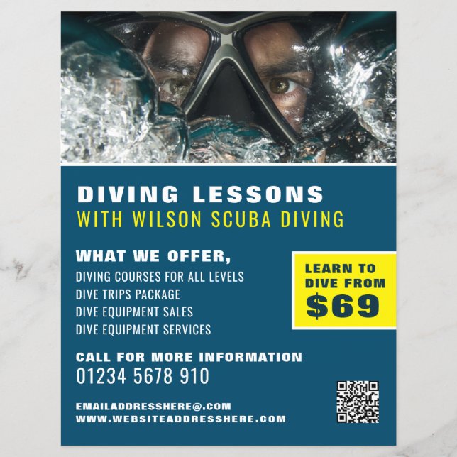 Deep Sea Diver, Scuba Diving Lesson Advertising Flyer (Front)