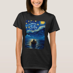 Deep Sea Fishing Fisherman Starry Night Painting T-Shirt