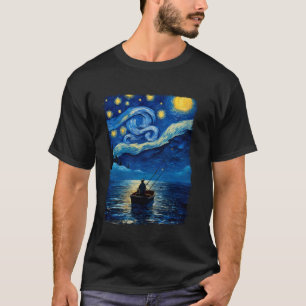 Deep Sea Fishing Fisherman Starry Night Painting T-Shirt