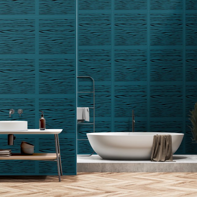 Deep Sea Green Blue Line Art Squared Tile Wallpaper (Bathroom)