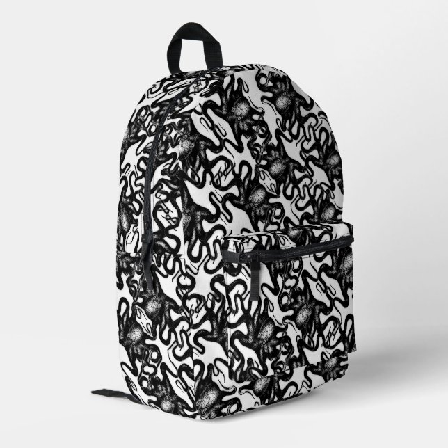 Deep Sea Octopus Black on White Illusion Effect Printed Backpack (Back Corner Left)