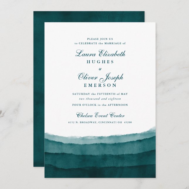 Deep-Sea Teal Watercolor Wedding Invitations (Front/Back)