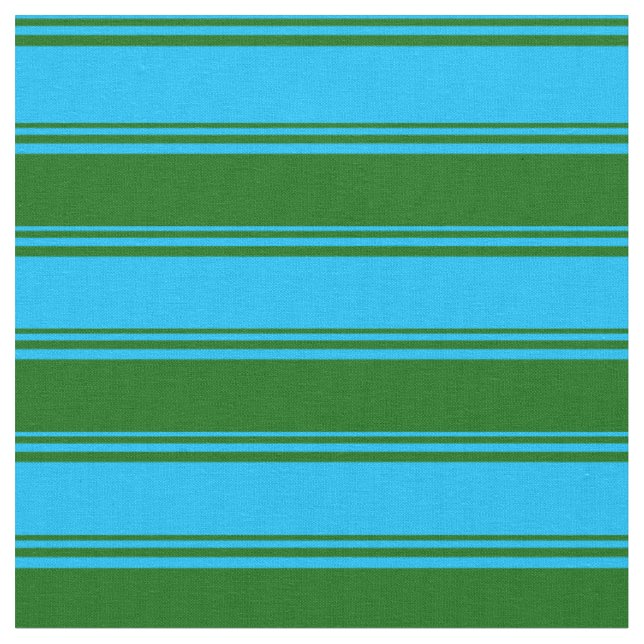 Deep Sky Blue and Dark Green Coloured Lines Fabric (Close Up)