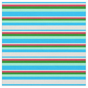 Deep Sky Blue, Beige, Crimson, Green & Aquamarine Fabric