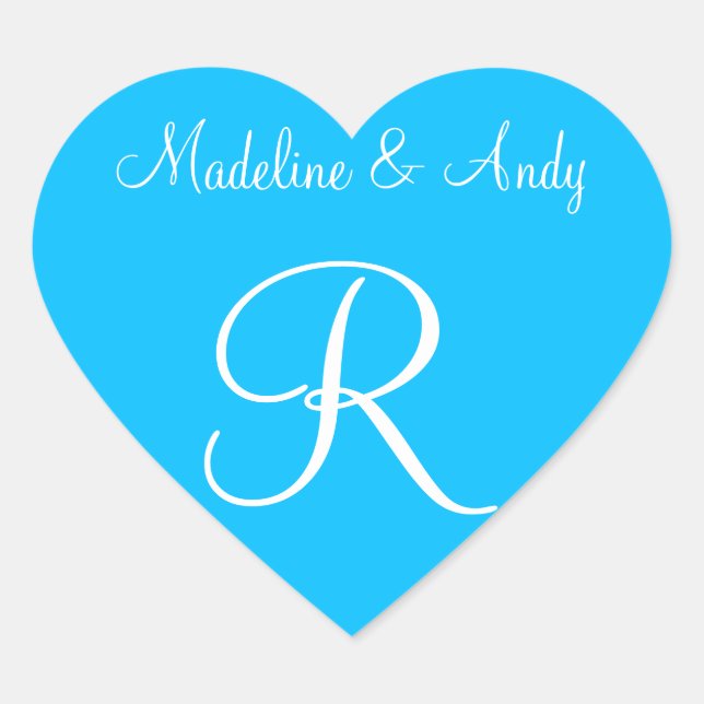 Deep Sky Blue Customisable Monograms Invitation Heart Sticker (Front)