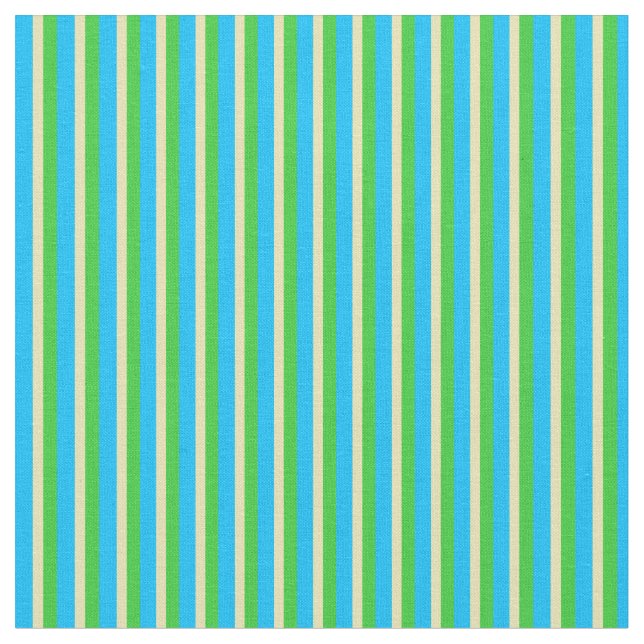 Deep Sky Blue, Tan, and Lime Green Coloured Stripe Fabric (Close Up)