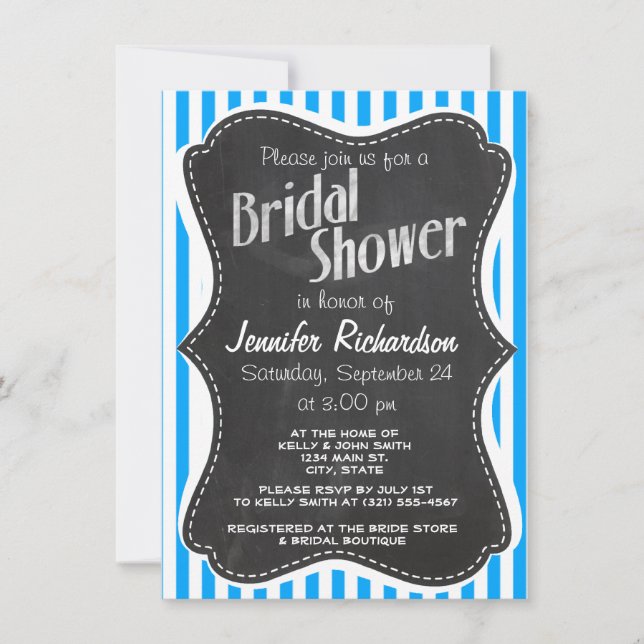 Deep Sky Blue Vertical Stripes; Chalkboard look Invitation (Front)