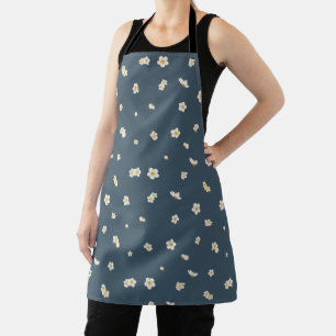 Deep Slate Blue White Plum Blossom Floral Pattern Apron