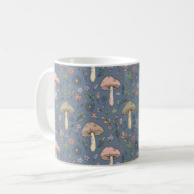 Deep Slate Gray Moody Fungi Seamless Pattern Coffee Mug (Front Left)