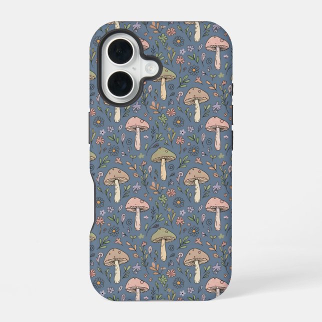 Deep Slate Grey Fungi Seamless Pattern Gothic iPhone 16 Case (Back)