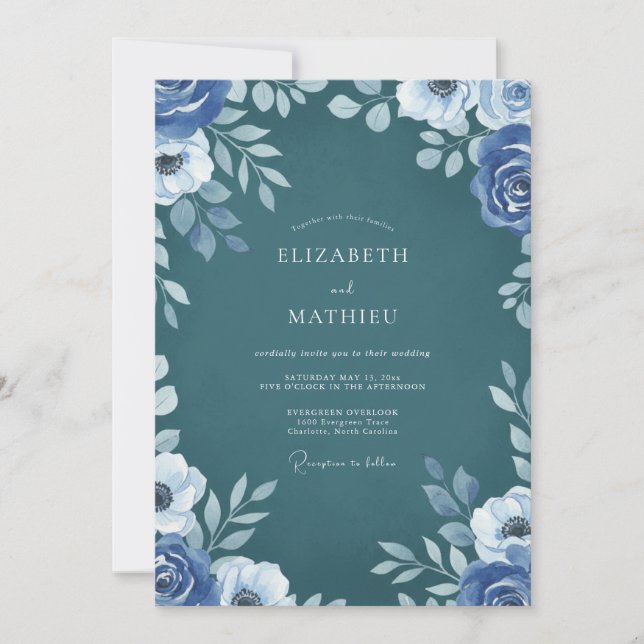 Deep Slate Peony Wedding Invitation (Front)