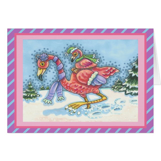 DEEP SNOW PINK FLAMINGO, CHRISTMAS GREETING CARD V (Front Horizontal)