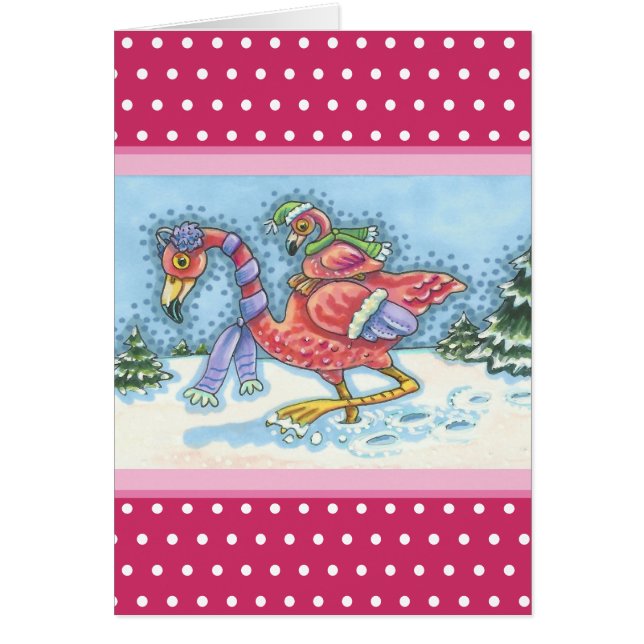 DEEP SNOW PINK FLAMINGO, CHRISTMAS GREETING CARD V (Front)