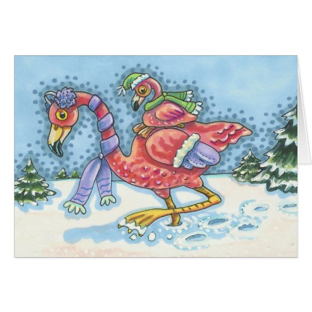 DEEP SNOW PINK FLAMINGO, HOLIDAY GREETING CARD B (Front Horizontal)