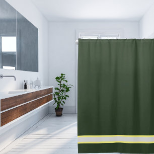 Deep Solid Sage Green with Yellow Stripe Shower Curtain