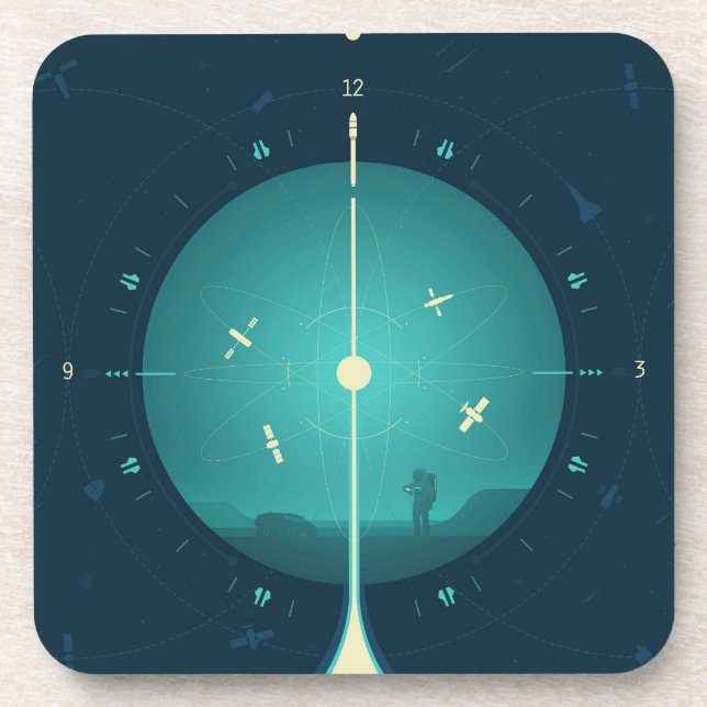 Deep Space Atomic Clock Poster, Blue Version. Coaster (Front)
