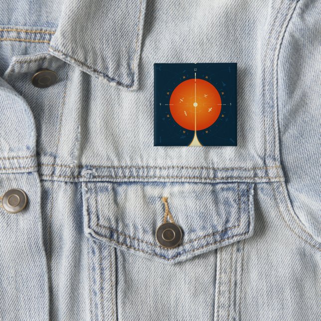 Deep Space Atomic Clock Poster, Orange Version. 15 Cm Square Badge (In Situ)